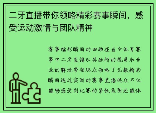 二牙直播带你领略精彩赛事瞬间，感受运动激情与团队精神