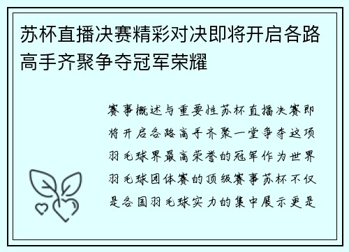 苏杯直播决赛精彩对决即将开启各路高手齐聚争夺冠军荣耀