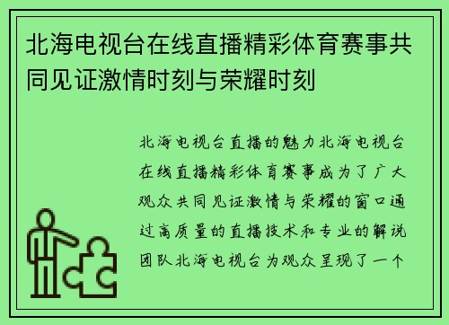北海电视台在线直播精彩体育赛事共同见证激情时刻与荣耀时刻
